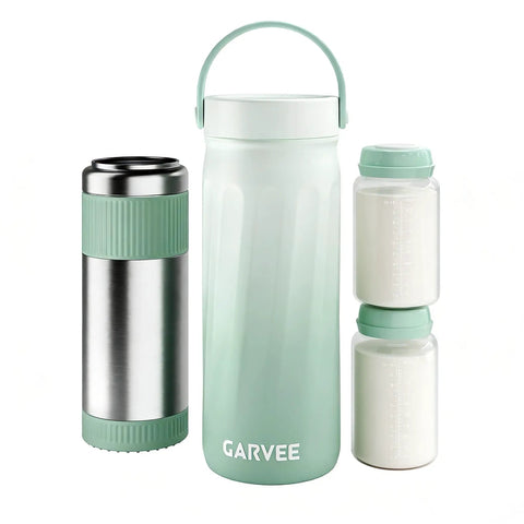 Portable Stainless Steel Breast Milk Cooler With 360 Degree Chill Holds Two Bottles For 24 Hours Mama Approved, showing two bottles and a cooler.