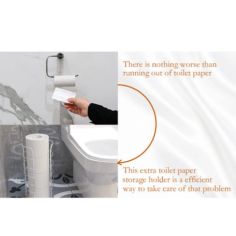 Free Standing Toilet Paper Holder Stand In Brushed Nickel Stainless Steel beside toilet, holds multiple rolls.