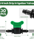 Diagram showing Quarter Inch Drip Irrigation Valves Set Of 30 Barbed Shut Off Switches For Four To Seven Millimeter Tubing.