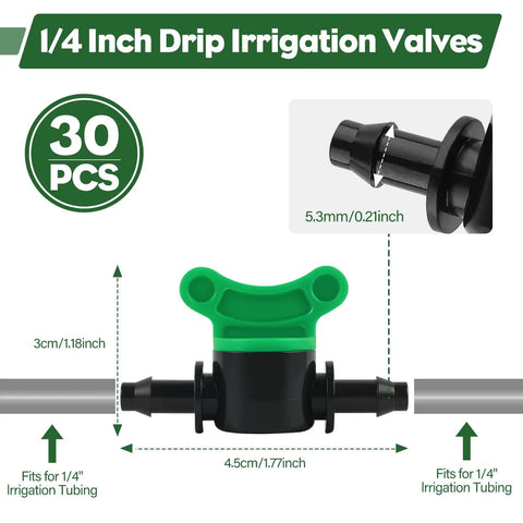 Diagram showing Quarter Inch Drip Irrigation Valves Set Of 30 Barbed Shut Off Switches For Four To Seven Millimeter Tubing.