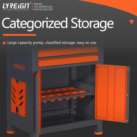 Cold Rolled Steel CNC Tool Holder Storage Organizer With Door, Built Tough Heavy Duty Rack For BT CAT HSK Capto Series Tools, Ideal For Warehouses And Machining Centers. Gray and orange steel organizer with open door and storage slots