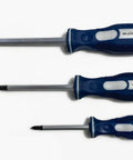 Three Piece JIS And Phillips Screwdriver Set For Pros Pro Grade Tools With Precision Tips Sizes 1 2 3 Durable Handle Design Ideal For Electronics Automotive And General Repairs Lifetime Guarantee displayed on a white background
