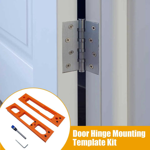 Portable Adjustable Door Hinge Jig Kit For Quick Millimeter Precision Hinge Positioning And Easy Setup In Woodworking Projects For Beginners DIY Handyman Exterior And Interior Doors, shown with orange templates and hex key.