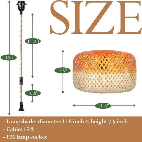 Dope Bamboo Pendant Light With Plug In Cord And Switch, 11.8 Inch Orange Hanging Lampshade size and measurements diagram