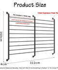 Heavy Duty Wall Mount Fabric Roll Storage Rack With Quick Snap Crossbars To Keep Your Wrapping Paper Ribbons And Craft Spools Totally Sorted And No Mess At All with product dimensions shown.