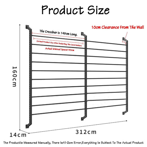 Heavy Duty Wall Mount Fabric Roll Storage Rack With Quick Snap Crossbars To Keep Your Wrapping Paper Ribbons And Craft Spools Totally Sorted And No Mess At All with product dimensions shown.