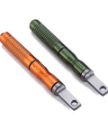 Two 2 Pack Compact Fire Starters With Scraper Striker in orange and green, featuring threaded ferro rods and rugged design for EDC use.