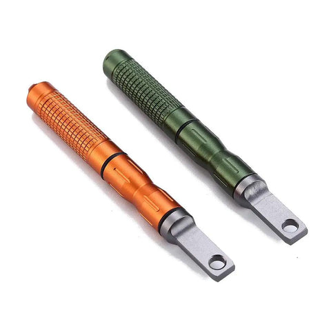 Two 2 Pack Compact Fire Starters With Scraper Striker in orange and green, featuring threaded ferro rods and rugged design for EDC use.