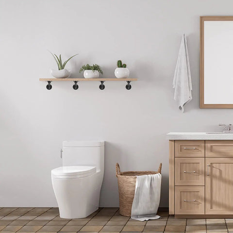 Bathroom setting with 6 Pack Industrial Pipe Shelving Brackets For Wall Mounts Vintage Black Iron Rustic Finish Built Tough Heavy Duty DIY Shelves holding plants.