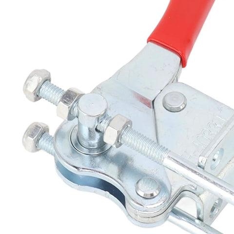 Close-up of Built Tough Heavy Duty Toggle Latch Clamp 450kg Holding Power for Tool Boxes and Storage Cases with red handle.