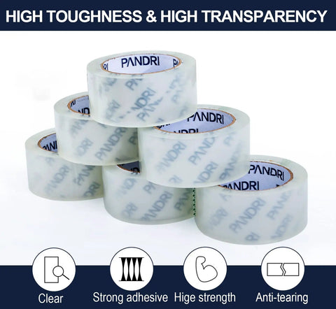 Clear Packing Tape Bulk Pack Of 36 Heavy Duty Rolls For Shipping And Moving Sealing 1.88 Inch Wide 65 Yard Per Roll Total 2340 Yards Ultra Strong Tape For Boxes Fast And Mess Free Transparent Bond, showing stacked rolls with logo.