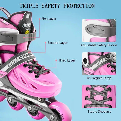 Kids Adjustable Hard Shell Inline Skates With Light Up Wheels For Boys And Girls Rad Youth And Beginners Easy One Push Size Adjust Inline Roller Blades Violet Large 4 7Y showing triple safety protection layers