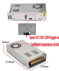 Beefy 360W 12V 30A Auto-Voltage Power Supply For LED Strips CCTV 3D Printers Car Audio And Ham Radio, showing dimensions and toggle switch