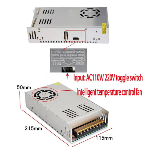 Beefy 360W 12V 30A Auto-Voltage Power Supply For LED Strips CCTV 3D Printers Car Audio And Ham Radio, showing dimensions and toggle switch