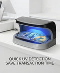 Counterfeit Money Detector With UV LED Light, Handheld Bill Checker in action with a bill under UV light on a counter