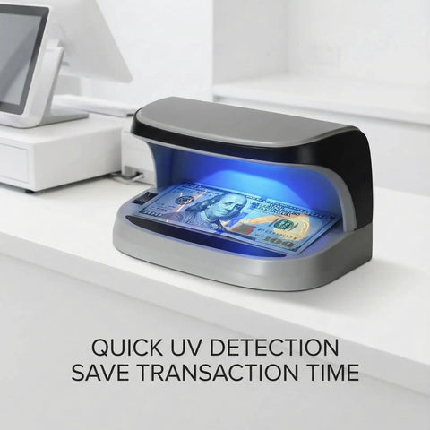 Counterfeit Money Detector With UV LED Light, Handheld Bill Checker in action with a bill under UV light on a counter