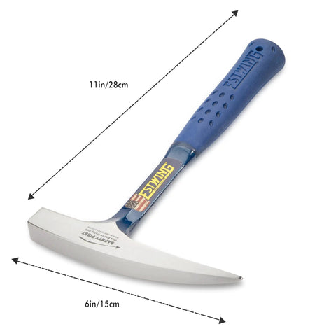 14 Oz USA Made Go To Rock Hammer With Pointed Tip And Shock Reduction Grip, shown with measurements for geology work