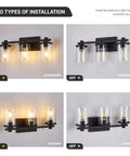Three Light Black Vanity Light With Clear Glass Shade for Bathroom Living Room Hallway and Bedroom shown in two installation types