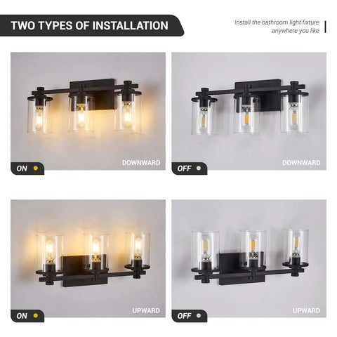 Three Light Black Vanity Light With Clear Glass Shade for Bathroom Living Room Hallway and Bedroom shown in two installation types