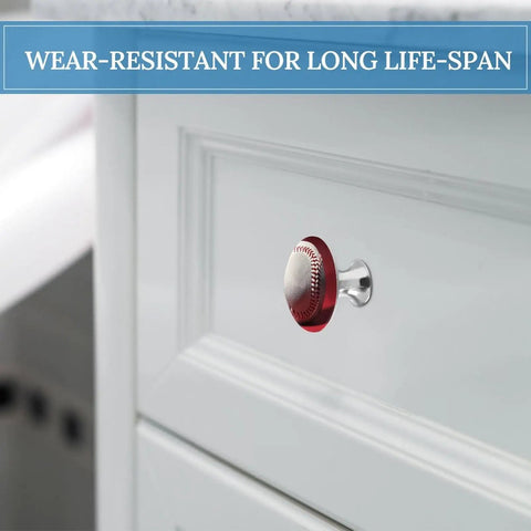 Sport Baseball Cabinet Knobs 2 Pack Stainless Steel Drawer Pulls 1.1 Inch Length 0.8 Inch Height For Dresser Closet Cupboard Bifold Doors Vintage Kitchen Hardware Decor Game Day Ready installed on a white drawer.