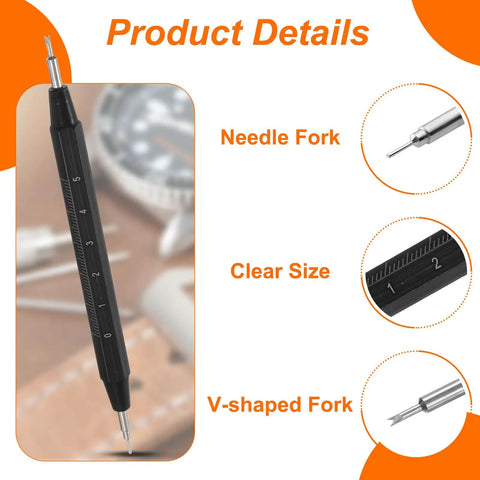 Image of a black tool with a needle fork, V-shaped fork, and clear size ruler, used in the 10 Pack Quick Release Spring Bars for Watches 21mm Wide and 1.8mm Diameter Pins Replacement Kit With Removal Tool for Easy Strap Swaps Link Pins and Lugs Durable Alloy Steel Build.