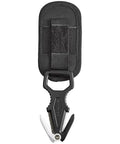 Titanium Hand Line Cutter For Divers Ultra Compact Lightweight And Durable Heavy Duty Corrosion Resistant Portable Cutting Tool For Rope Line And Webbing With Protective Case Included. Black cutter with serrated blade and protective case visible.