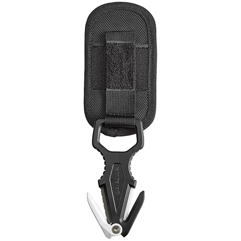 Titanium Hand Line Cutter For Divers Ultra Compact Lightweight And Durable Heavy Duty Corrosion Resistant Portable Cutting Tool For Rope Line And Webbing With Protective Case Included. Black cutter with serrated blade and protective case visible.