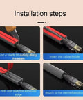 Installation steps for Low Profile Gray Floor Cable Cover And Durable Pvc Wire Protector with adhesive edge for secure fitting.