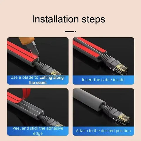 Installation steps for Low Profile Gray Floor Cable Cover And Durable Pvc Wire Protector with adhesive edge for secure fitting.