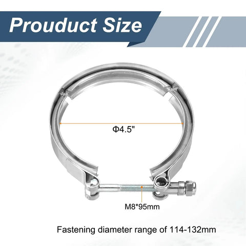 4.5 Inch V Band Clamp 304 Stainless Steel V Band Bolt Clamp For Exhaust Systems And Downpipe Upgrades, shown with sizing info.
