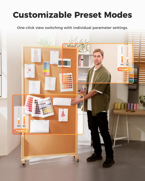 Man demonstrating customizable preset modes on a board with color swatches and sketches for video settings.