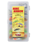 Mimic Minnow Swimbait Lure Kit With Jig Head Design Assorted Sizes And Colors For Walleye Bass Pike Realistic Minnow Baits For Big Gamefish Freshwater Fishing Set in a transparent case displaying colorful lures.