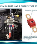 Heavy Duty AMI Midi Fuses 3 Pack 50 Amp Bolt On High Current Blade with tin plated terminals installed in vehicle fuse box.