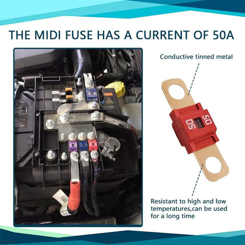 Heavy Duty AMI Midi Fuses 3 Pack 50 Amp Bolt On High Current Blade with tin plated terminals installed in vehicle fuse box.