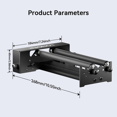 Boss Level Laser Engraver Rotary Roller Y Axis 360 Degree Cylinder Attachment dimensions showing size for easy setup.