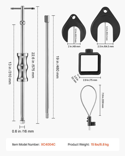 Inner CV Axle Puller Tool Set With Slide Hammer 4 Lb And Two Inch And Two And A Half Inch CV Joint Fork Adapters Outer CV Adapter Heavy Duty Front Wheel Drive Axle Removal Kit components with measurements
