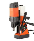 Get The(dx35 Magnetic Core Drill With 1500W Power For Super Fast Annular Cutter Holes On Metal, heavy duty electric bench rig, orange and black.