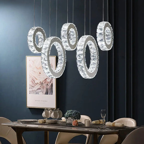 Five Ring Crystal Chandelier Pendant Light With Height Adjustable Stainless Steel Frame Dope K9 Crystals UL Certified Dimmable LED 6000K 4400lm for dining room setup