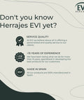 Promotional image for Herrajes EVI highlighting service quality, 15+ years experience, and Made in Spain products.