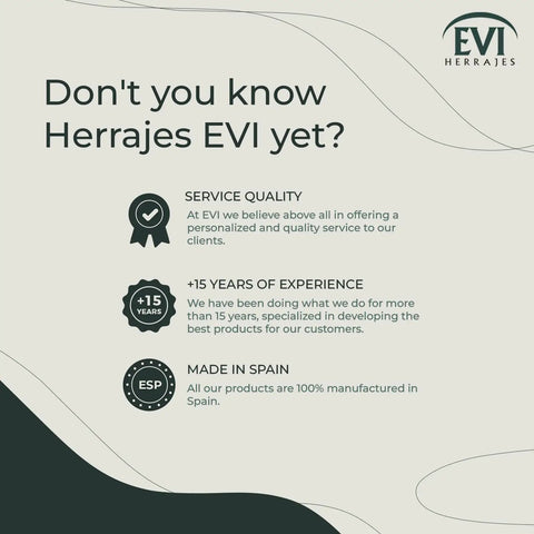 Promotional image for Herrajes EVI highlighting service quality, 15+ years experience, and Made in Spain products.