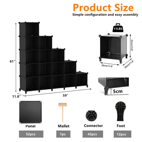 Boss 16 Cube Storage Organizer System for Closet and Bedroom dimensions and included components, featuring panel, mallet, and connectors.