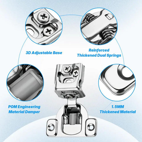 1 Inch Overlay Soft Close Concealed Cabinet Hinge With Screws, featuring 3D adjustable base and reinforced dual springs