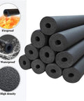 High Temperature Pipe Insulation Foam Tubing For Steam And Water Lines, black foam tubes stacked, with fireproof, waterproof, high-density features.