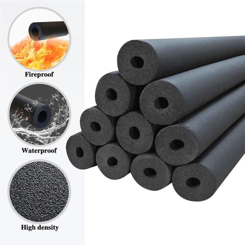 High Temperature Pipe Insulation Foam Tubing For Steam And Water Lines, black foam tubes stacked, with fireproof, waterproof, high-density features.