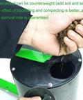 Hand dispensing soil into Corn Planter Seeder With Adjustable Depth For Precise Row Planting A Handy Hand Push Garden Seeder Roller Design.