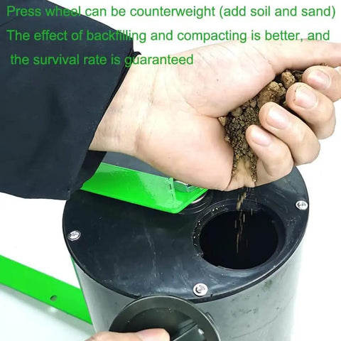 Hand dispensing soil into Corn Planter Seeder With Adjustable Depth For Precise Row Planting A Handy Hand Push Garden Seeder Roller Design.