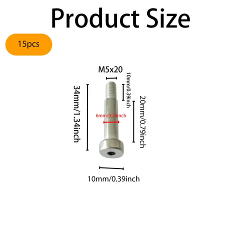 Product size of 15 Piece Premium 304 Stainless Steel Hex Socket Shoulder Screws M5 Point Eight Thread Twenty Millimeter Length.