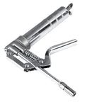 120cc Heavy Duty Handheld Grease Gun for Industrial Equipment, chrome plated metal build, showing trigger and nozzle close-up
