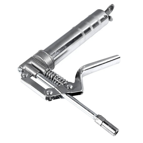 Heavy Duty 120CC Grease Gun With Chrome Plated Metal Body, handheld lubrication tool with ergonomic grip for industrial use.