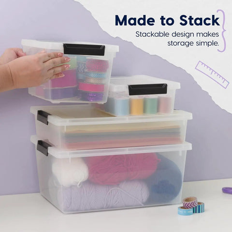 Heavy Duty Clear Plastic Storage Bins With Lids 6 Pack 4 Quart Polypropylene holding craft supplies in stackable containers